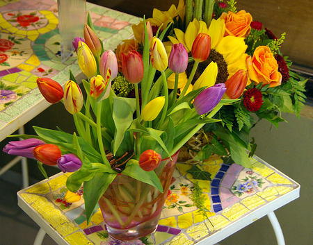 tulips - tulips, bouquet, flowers, vase, colourful