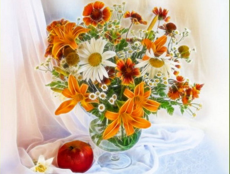 bunch of flowers and an red apple - orange lilys, yellow daisys, flowers, red apple, white daisys, vase