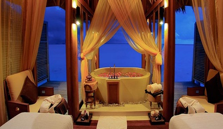 Perfect evening - maldives, lights, perfect, candlwa, tub, towels, amazing, wood, chair, pillows, spa, curtains, romantic, pillars