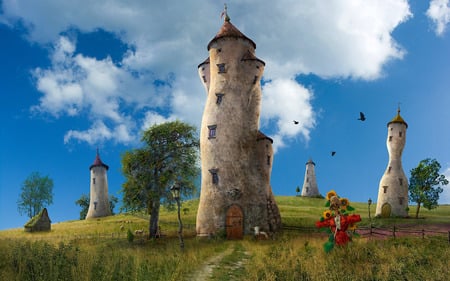 Red Scarecrow and Towers - scarecrow, landscape, red, tower, red scarecrow