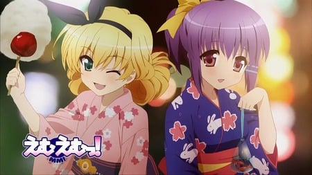 Isurugi Mio and Yuno Arashiko - pretty, isurugi mio, wink, yukata, females, girls, short hair, pony tail, mm, 2 girls, emu emu, cute, ribbon, yuno arashiko