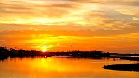 Golden Sky - clods, heaven, lake, golden, reflection, sun