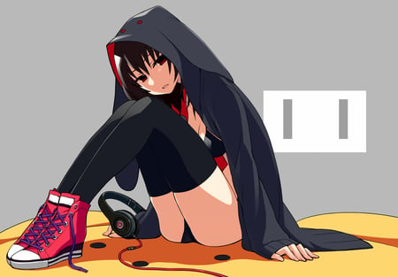 Emo Bunny - headphone, yellow, usagi, girl, dark, usa, black, bed, grey, red, sneaker, bikini, cute