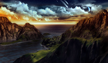 SUNSET AT MOONLIGHT COVE - clouds, moon, cove, sunset, ocean, mountains, stars