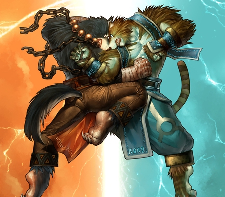 Neo steam - blue, wolf, fight, chan, beads, bandages, orange, beast