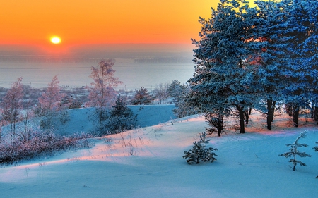 Winter Sunset - hills, landscape, snow, view, sky, sun, clouds, trees, winter, beautiful, beauty, colors, lovely, valley, orange, white, nature, sunset, peaceful