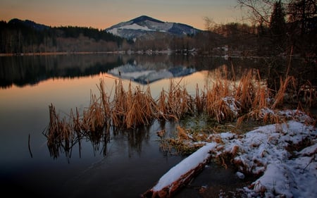 Beautiful Place - beauty, sky, trees, peaceful, water, mountains, sunset, view, reflection, evening, clouds, lake, landscape, winter, lovely, nature, beautiful, snow, colors