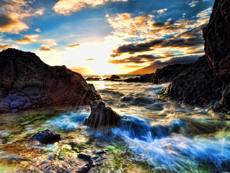 Beautiful - beauty, ocean, sky, peaceful, colorful, sunset, lovely, rocks, waves, nature, view, amazing, clouds, beautiful, colors, sea