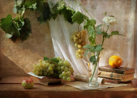 Blending of - vase, reading, table, books, whiterose, music, curtain, grapes, vine, fruit, apple, wall, lemon