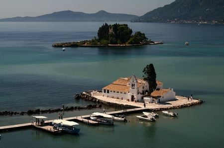 Corfu - corfu, blue, sea, island, church, boats, white, green, greece