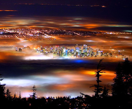 Vancouver night - vancouver, british columbia, clouds, night, city, buildings, lights