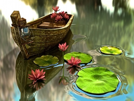 Reflection - flower, reflection, boat, water reflection, abstract