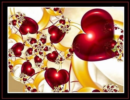 Hearts - abstract, heart, frame, red, 3d, golden