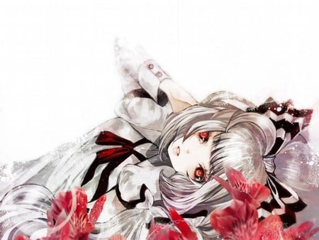 Red Eye - red eye, dress, rose, flower, white hair