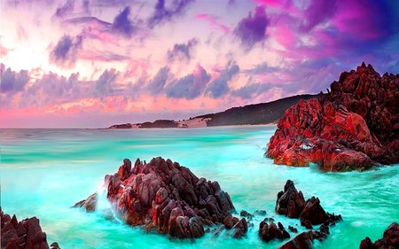 BEAUTIFUL - clouds, colorful, sunset, beautiful, ocean, mountains, rocks, sky