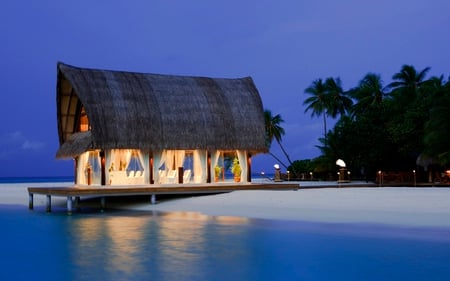 Maldives - cottage, paradise, chairs, view, evening, reflection, romance, tropical, nature, pier, chair, romantic, beautiful, sea, fantastic, beauty, sky, beach, trees, peaceful, vacation, near, house, sand, take dinner, ocean, palm trees, maldives, shore, lovely, exotic, heaven, blue, colors, lights