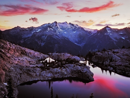 Beautiful View - amazing, landscape, snow, reflection, purple, view, lake, sky, clouds, trees, water, beautiful, beauty, colors, lovely, colorful, nature, sunset, mountains, peaceful