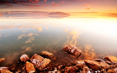 In Clarity - sky, shore, clear, calm, nature, lakes, reflections, still, clouds, beautiful, colors, waters, sunrise, rocky