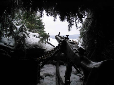 Winter's Silence - ammunition box, winter, bullets hidden, snow, machine gun