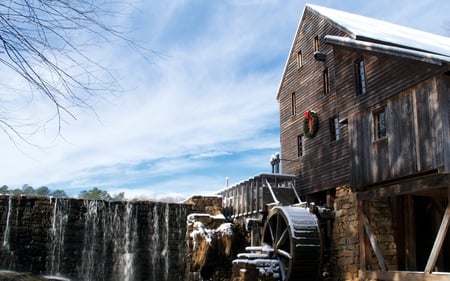 Old Yates Mill - architecture, winter, clouds, beautiful, mill, skies, blue