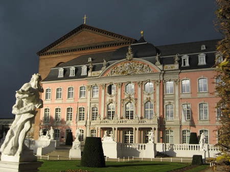 Palace in Trier, Germany - palace, grass, sculpture, trier, germany, grey, white, ancient, old, garden, sky