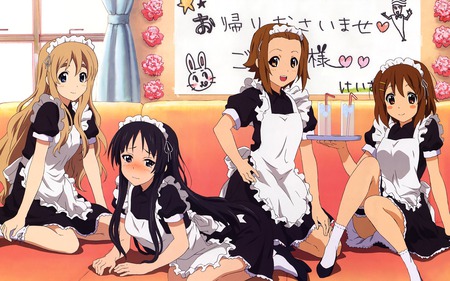 K-ON! Maids - pretty, tainaka ritsu, drinks, couch, akiyama mio, maids, tray, cute, kotobuki tsumugi, outfit, sexy, hirasawa yui