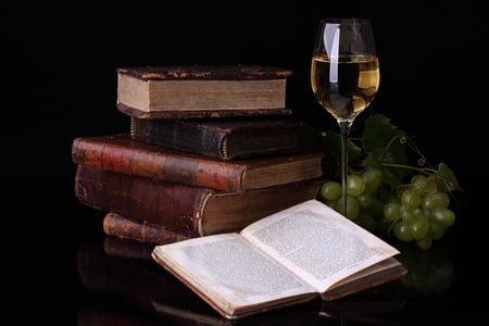 still life - book, beautiful, photography, books, photo, cool, still life, drink, harmony, grapes, wine, old, fruit, nice