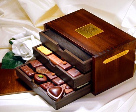 Treasures - chocolates, treasures, drawers, rose, jewell box