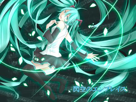 Hatsune Miku - tie, pretty, artistic, uniform, flowers, nice, program, thighhighs, beauty, virtual, petals, drawing, white, cute, song, vocaloid, anime, blue, twintail, hatsune miku, song notes, music notes, music, aqua, art, notes, ribbons, idol, anime girl, skirt, beautiful, singer, girl, cool, black, miku, awesome, diva, painting, waves, teal, hatsune, vocaloids