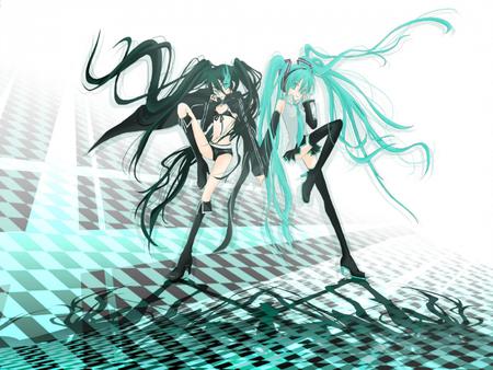 Black Rcok Shooter & Hatsune Miku - aqua, hot, thighhighs, music, anime girl, brs, black hair, white, cool, dark, shorts, aqua eyes, checkered, ova, hatsune miku, sexy, skirt, song, teal, vocaloids, program, vocaloid, beautiful, uniform, diva, black rock shooter, beauty, nice, twintail, singer, aqua hair, black, virtual, pretty, idol, anime, miku, cute, girl, hatsune, blue, tie, awesome, crossover