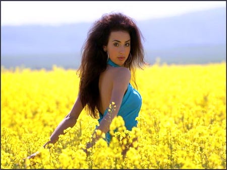 Wildflowers - blue top, woman, black hair, beauty, field yellow flowers