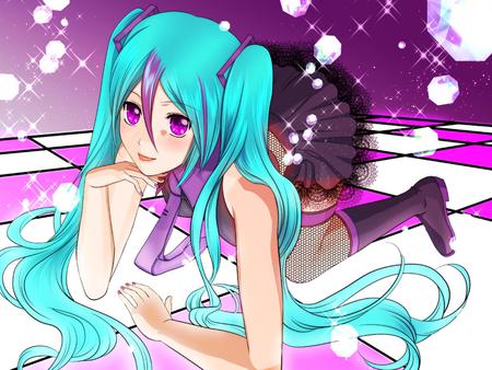 Hatsune Miku - tie, pretty, stage, sparkles, pink, uniform, pink eyes, nice, program, hot, thighhighs, beauty, virtual, white, lights, cute, song, sexy, vocaloid, anime, twintail, hatsune miku, music, aqua, purple, idol, anime girl, skirt, beautiful, singer, girl, blush, cool, black, glow, miku, awesome, diva, aqua hair, hatsune, vocaloids