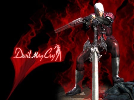 Devil May Cry - dmc, dante, anime, ebony, boots, guns, sword, weapons, white hair, short hair, black, devil may cry, ivory, red, video game, gloves