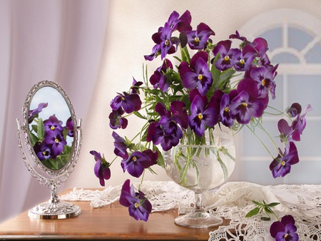 Still Life - pretty, vase, colors, lovely, reflection, still life, flowers, purple, mirror