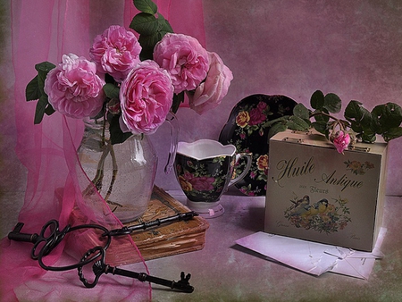 Still Life - pretty, key, porcelain, book, pink, flowers, peony, vase, beautiful, photography, letter, beauty, colors, lovely, still life, saucer, flower, petals, jug, peonies, colorful, nature, rose, keys, cup