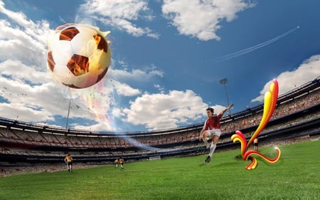 Light ball - clouds, abstract, football, fire, ball, player, light, sky