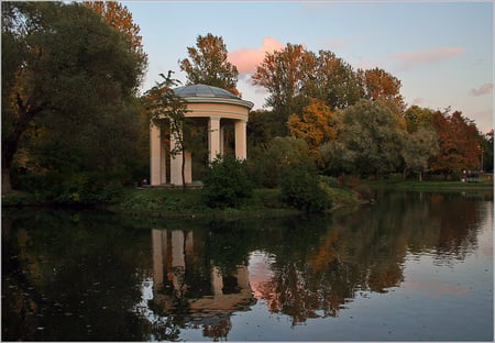 Park Reflection - trees, beautiful, water reflection, lake, pavillion, sunset sky, park