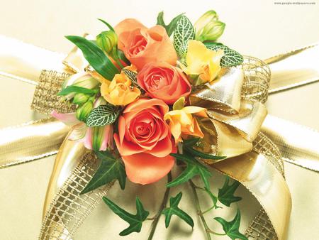 roses bouquet - yellow, roses, red, beautiful, greens, bouquet, gold decoration