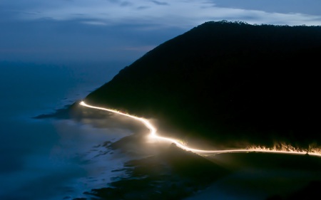 Overlooking the Bay - beaches, mountain, highway, bay, nature, cloudy, evening, beautiful, lights