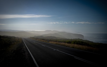 Leaving Port Campbell - beaches, sky, coastline, highway, foggy, nature, beautiful, clouds, blue, dusk, cliffs