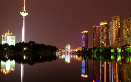 Evening in Shenyang - river, beautiful, lights, skyline, night, reflection, architecture