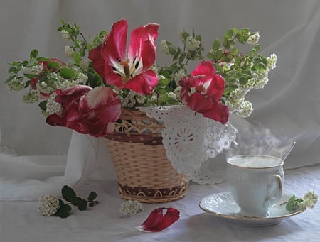 touch of beauty - cloth, redflowers, petal, table, basket, saucer, cup