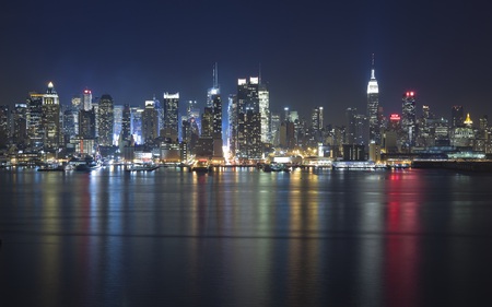 Hudson Lights - reflections, skyline, river, architecture, night, lights