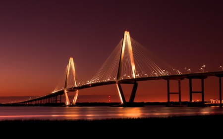 Cooper River Bridge - reflections, beautiful, night, architecture, bridges, dusk, lights