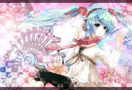 Hatsune Miku - aqua, ferris wheel, headset, thighhighs, music, anime girl, white, cool, aqua eyes, checkered, hatsune miku, skirt, song, scarf, vocaloids, program, vocaloid, beautiful, pink, diva, nice, beauty, twintail, singer, aqua hair, black, virtual, carnival, pretty, idol, anime, miku, cute, strings, girl, hatsune, microphone, headphones, flowers, awesome