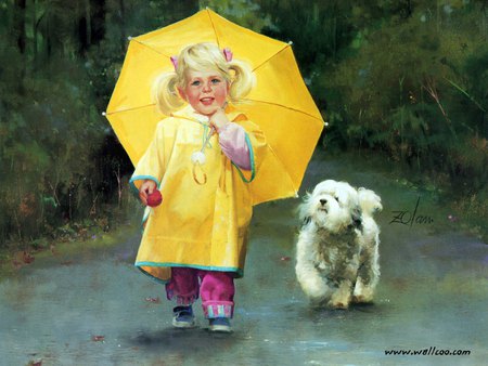 Rain day pals, by Donald Zolan - painting, art, puppy, girl, dog, umbrella, donald zolan