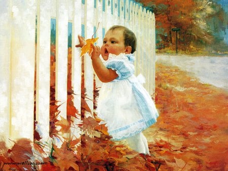 Firts autumn, by Donald Zolan - autumn, garden, painting, girl, art, donald zolan