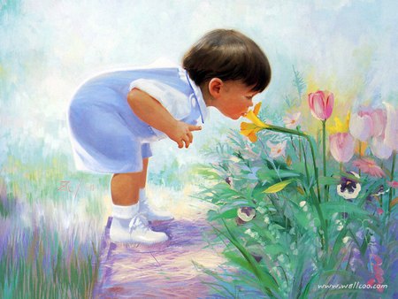 Easter morning, by Donald Zolan - painting, art, donald zolan, child, flower