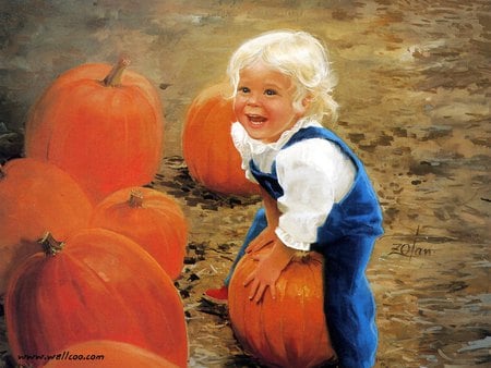 My pumpkin, by Donald Zolan - boy, painting, pumpkin, art, donald zolan