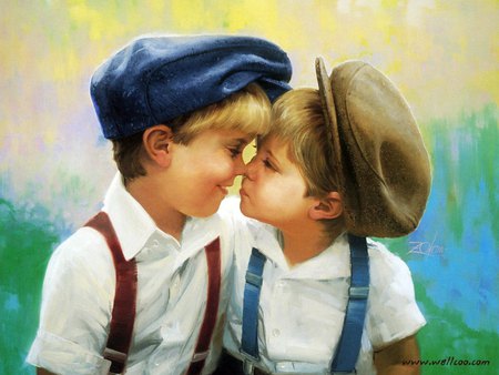 Two of a kind, by Donald Zolan - painting, art, couple, boy, donald zolan